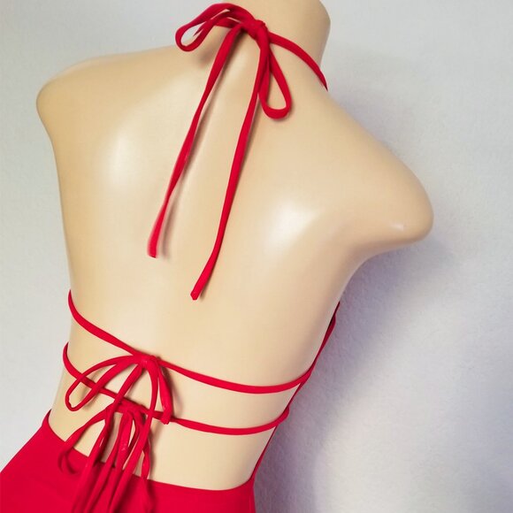 White Fox Boutique Day By Day Maxi Dress in Cherry Red XS Slit Ruffle Plunge Tie - Picture 6 of 11